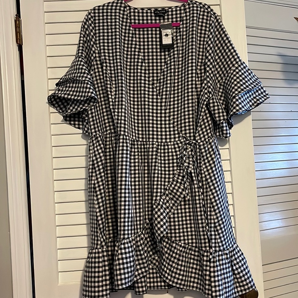 City Chic Black & White Checkered Wrap Dress
